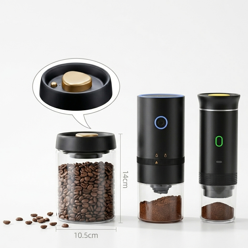 Set of coffee grinding and storage devices with measurements on a white background