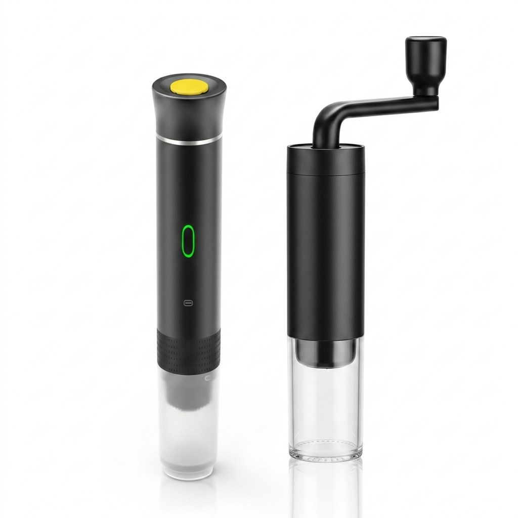 Black electric wine opener with clear base on a white background