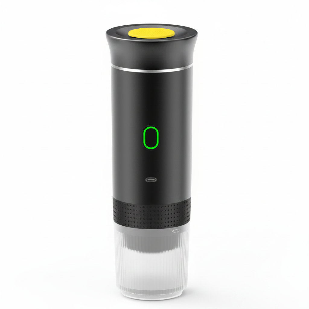 Black and clear electric wine bottle opener with a yellow button on a white background