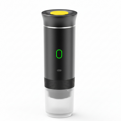 Black and clear electric wine bottle opener with a yellow button on a white background