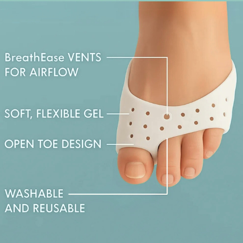 Breathable silicone toe sleeve with open toe design, flexible gel material and airflow vents for foot comfort