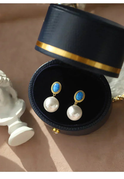 "2024 French Elegant Blue Enamel Pearl Pendant Earrings"
