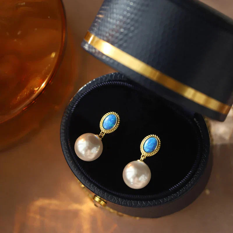 "2024 French Elegant Blue Enamel Pearl Pendant Earrings"