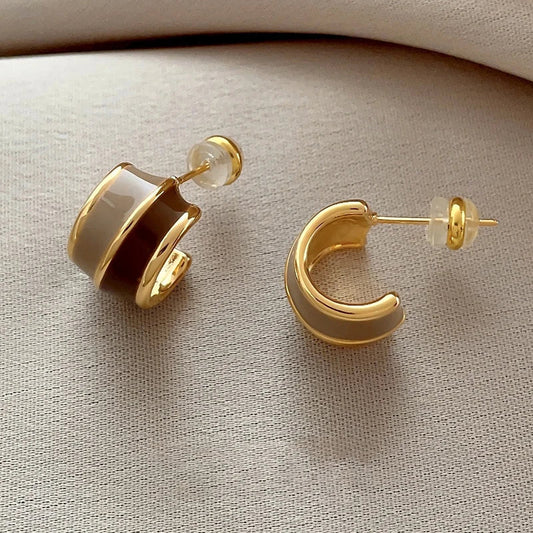 "2024 Vintage Style Wine Red Contrasting Half Circle Enamel Earrings"