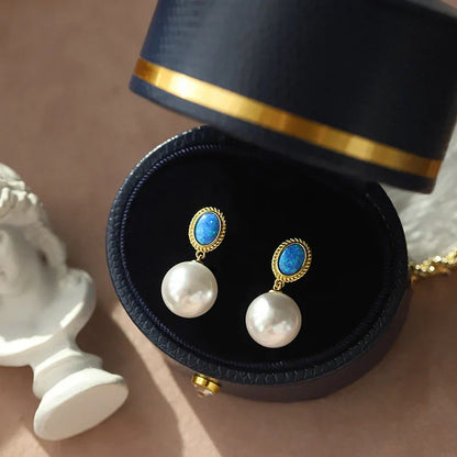 "2024 French Elegant Blue Enamel Pearl Pendant Earrings"