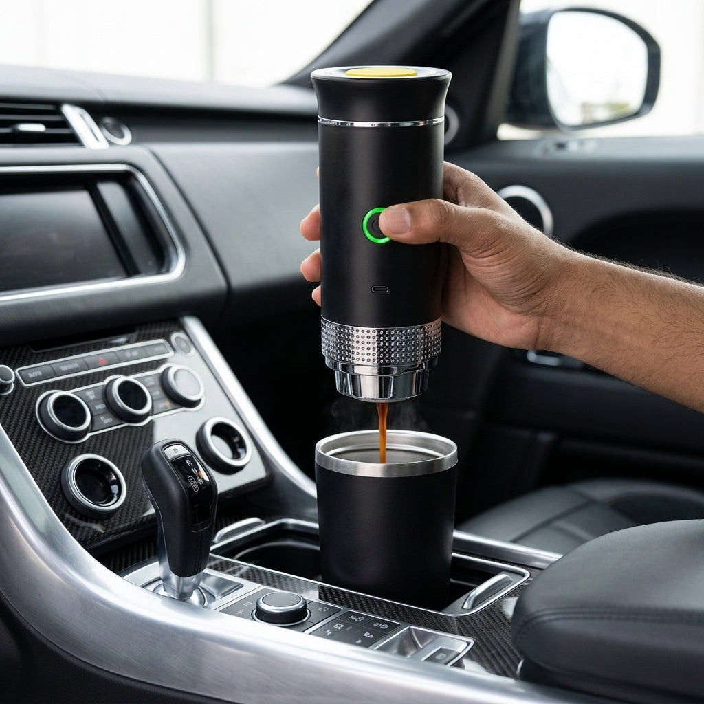 Hand using a portable coffee maker inside a car.