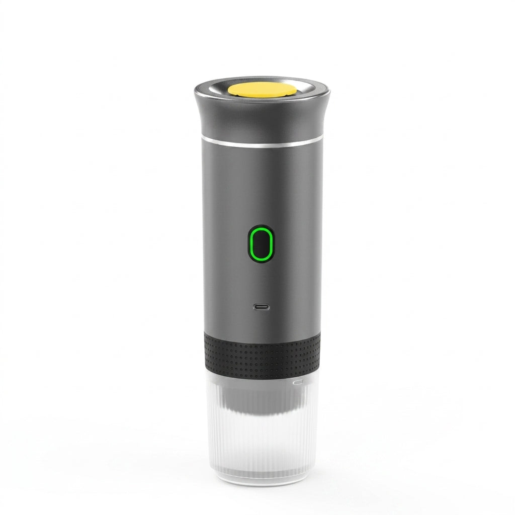 Gray electric wine opener with a yellow button on a white background