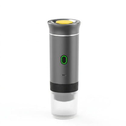 Gray electric wine opener with a yellow button on a white background
