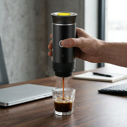 Hand using a portable espresso maker to pour coffee into a glass on a desk.