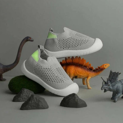 Gray baby sneakers with non-slip sole for toddlers