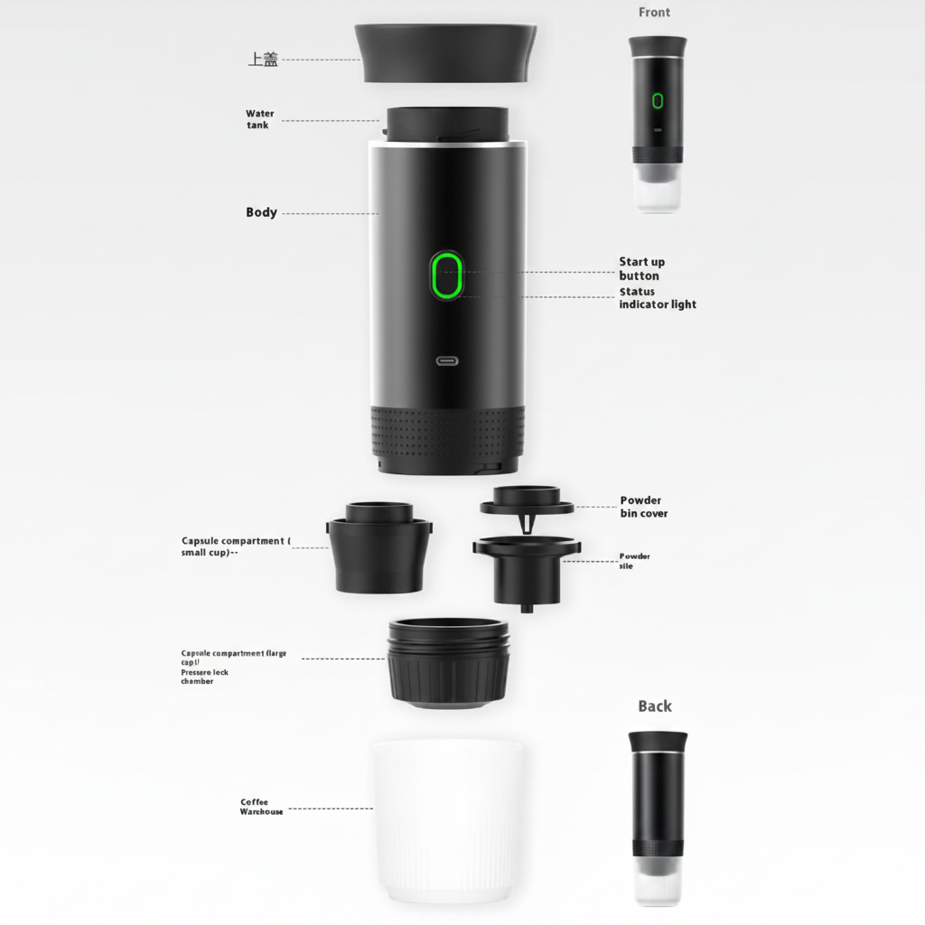 Black and white diagram of a coffee capsule device with labeled parts on a white background