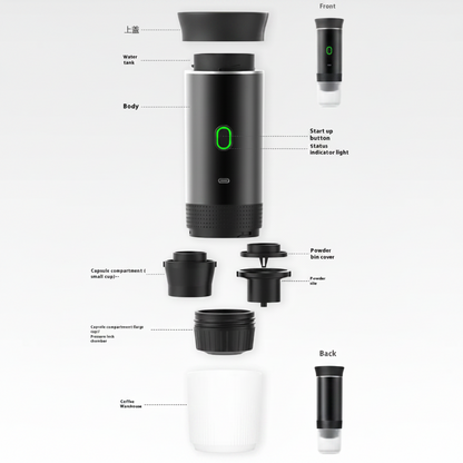 Black and white diagram of a coffee capsule device with labeled parts on a white background