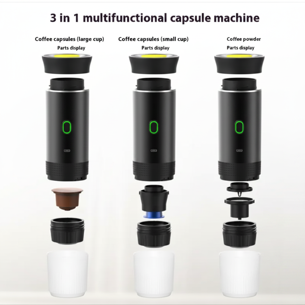 3-in-1 multifunctional capsule machine with different parts displayed.