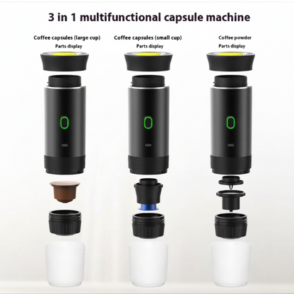 3-in-1 multifunctional capsule machine with different parts displayed.