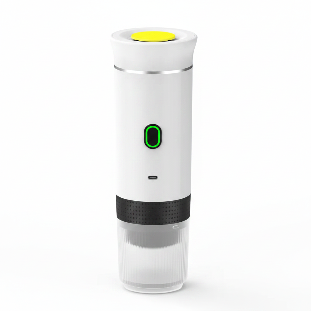 White electronic device with a black band and green indicator light on a white background