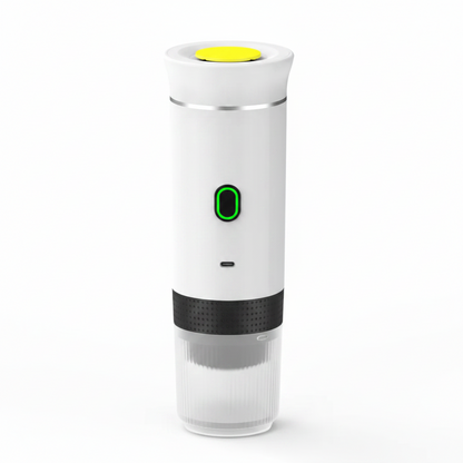 White electronic device with a black band and green indicator light on a white background