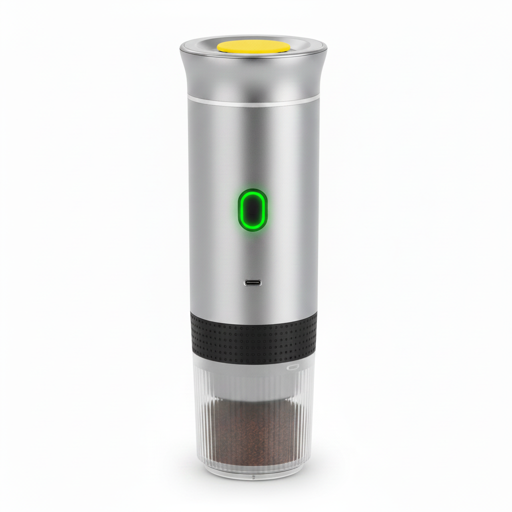 Silver and black electric wine opener with a green power indicator on a white background