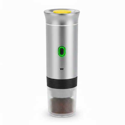 Silver and black electric wine opener with a green power indicator on a white background