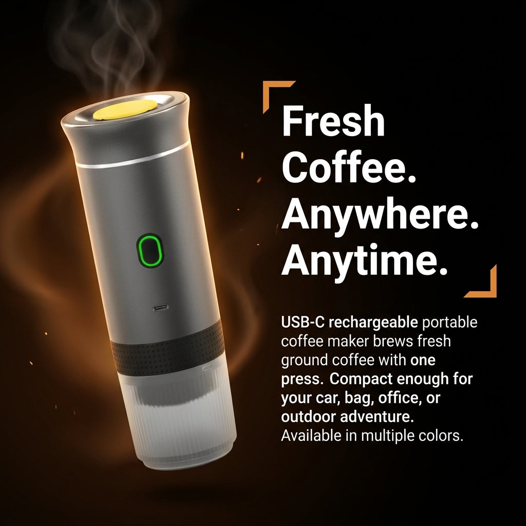 USB-C rechargeable portable coffee maker with text 'Fresh Coffee. Anywhere. Anytime.'