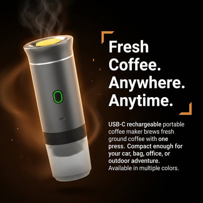 USB-C rechargeable portable coffee maker with text 'Fresh Coffee. Anywhere. Anytime.'