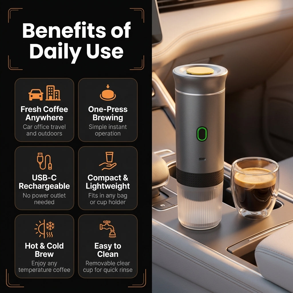 Portable coffee maker with cup on a car dashboard, featuring benefits text on the side.