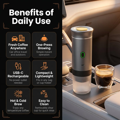 Portable coffee maker with cup on a car dashboard, featuring benefits text on the side.