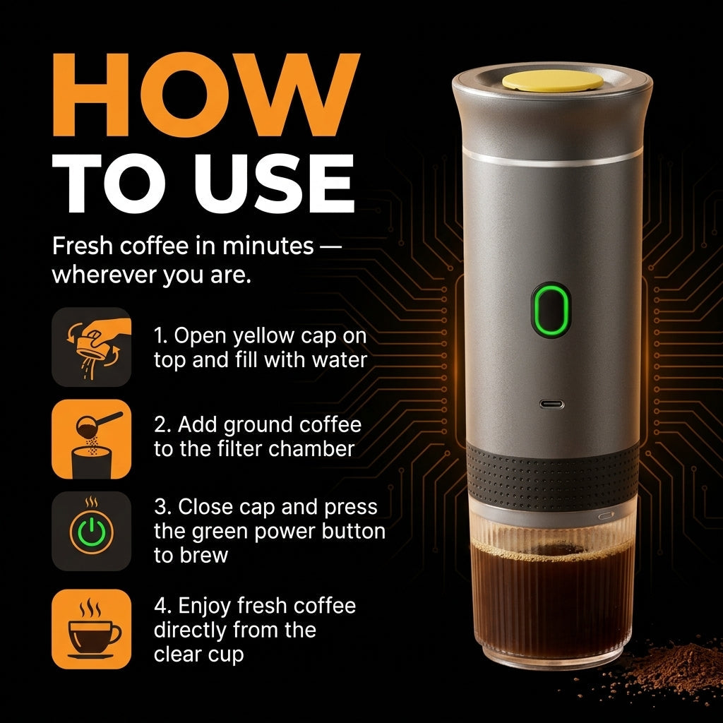 Instructions on how to use a portable coffee maker with a clear cup filled with coffee.