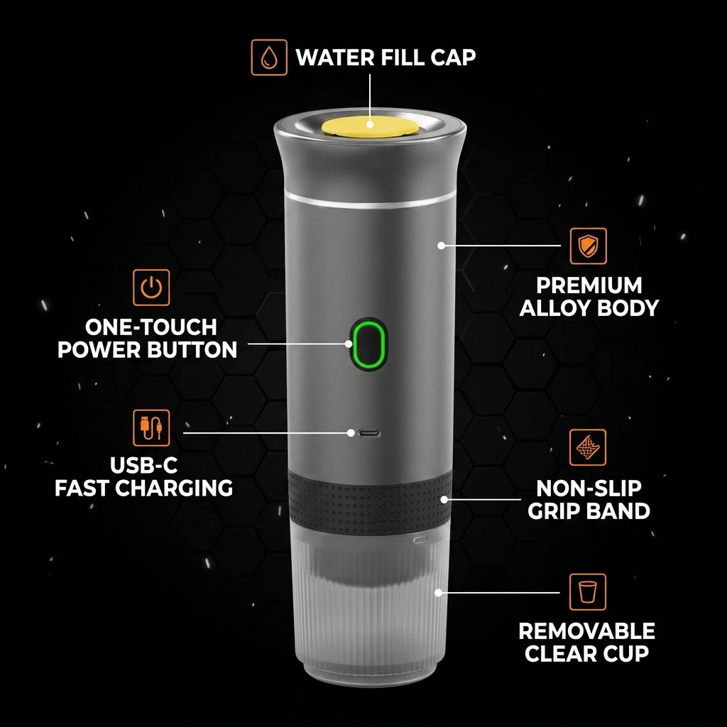 Product with labeled features on a black background